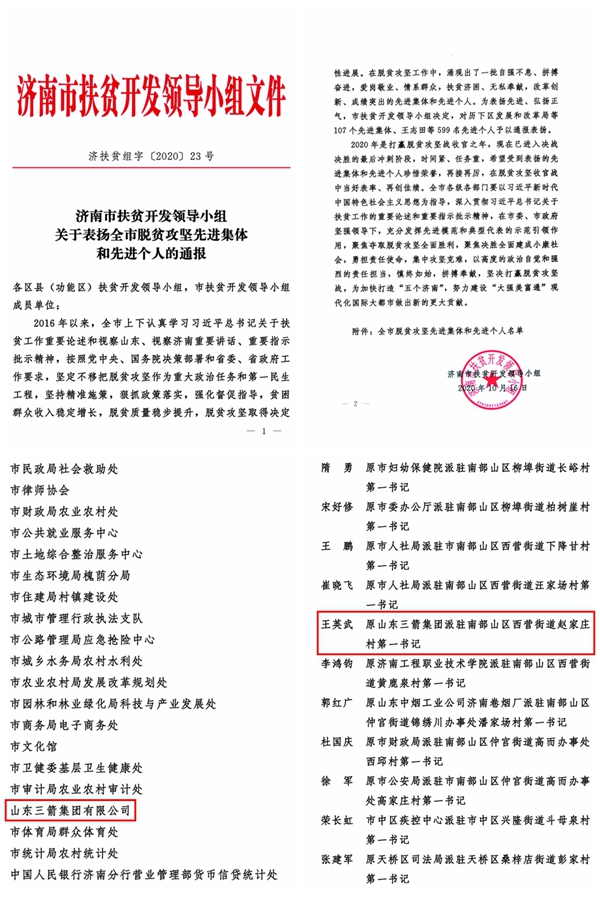 山東三箭集團(tuán)和第一書記分別榮獲全市脫貧攻堅先進(jìn)集體和先進(jìn)個人稱號